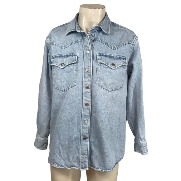 GAP -WOMENS MEDIUM - BLUE SNAP FRONT COLLARED CHORE JEAN JACKET SHACKET - Picture 1 of 8